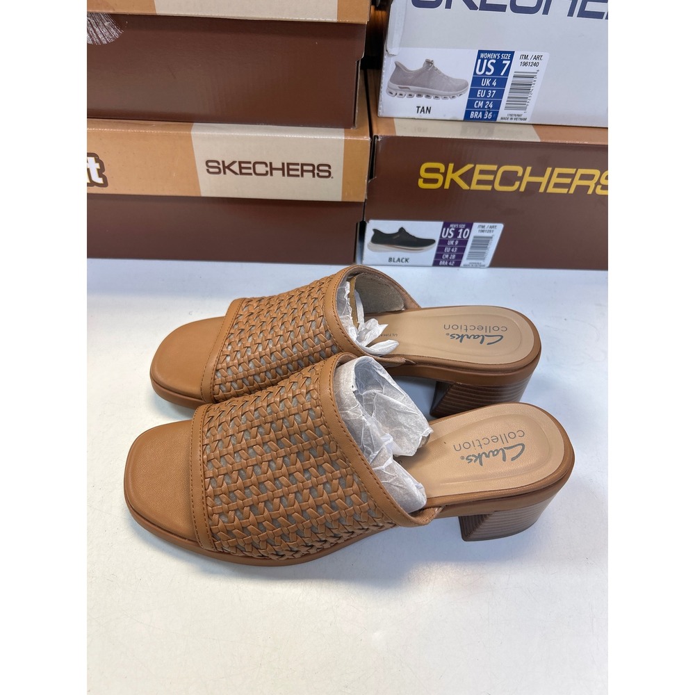 Clarks Jaylan Slide Sandals Womens 9.5W Tan Woven Block Heel Mules 0748